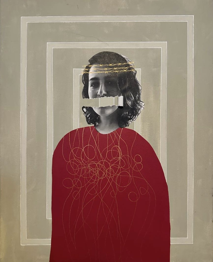 Self-portrait painting by Mina Saneei — the opening visual of the portfolio.